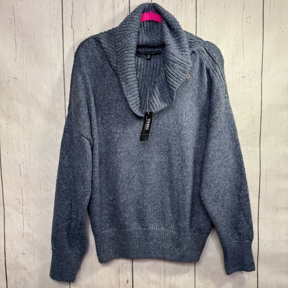 White House Black Market Blue Cozy Metallic Sweater Zip Cowl Neck Pullover